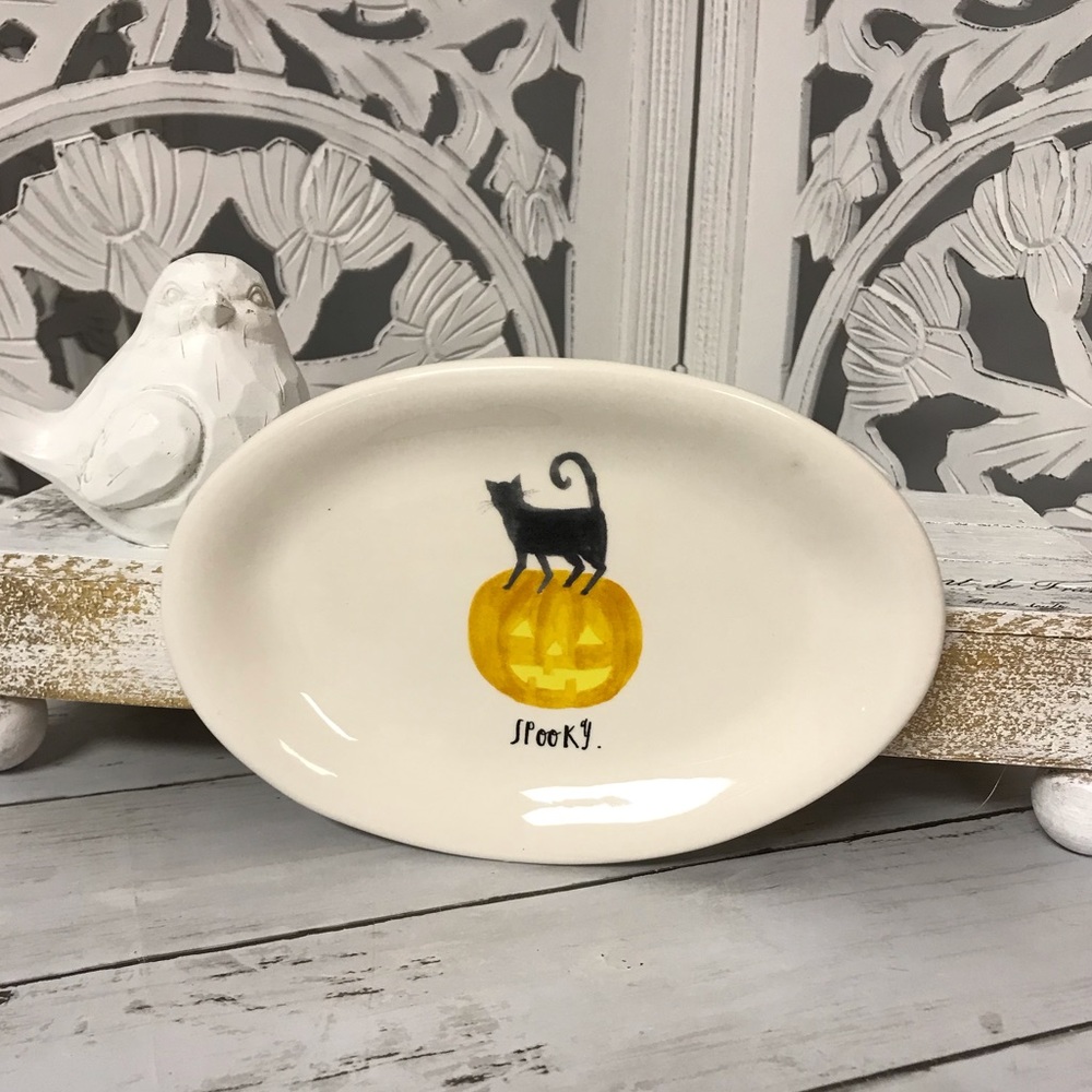 Rae Dunn Decorative Ceramic Halloween Plate “Spooky”, Black Cat & Pumpkin